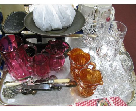 Three Cranberry Glass Jugs, Royal Albert drinking glasses, cutlery, scales and weights:- One Tray
