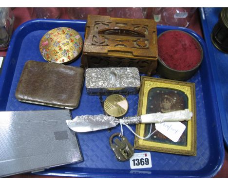 A Decorative Hallmarked Silver and Mother of Pearl Butter Knife, a hallmarked silver topped glass trinket box, wooden trinket