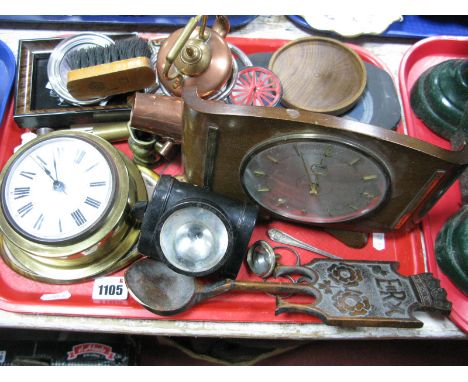 A Brass Clock Compass, police torch, brass, photos, Metamec clock, etc:- One Tray
