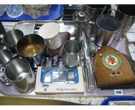 Old Hall Stainless Steel Candlestick, Old Hall tankards, Whisky flasks, pen knife:- One Tray