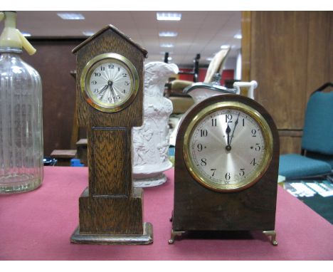 A 1930's Oak Cased Novelty Mantel Clock, in the form of a longcase clock, 24cm high, and a walnut cased eight day mantel cloc