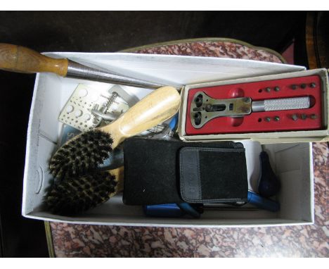Watch Repairers/Makers Tools, including ring sizer, pliers, watch back remover.