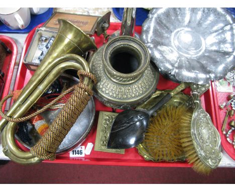 A Brass Bugle, vase, pin tray, Rogers child's 'Uncle Wiggily' dish, lead horses etc:- One Tray