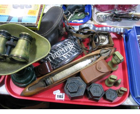 Cast Iron Scales and Weight, shuttle, Triumph motorbike name plate, cased binoculars, brass bell weights etc:- One Tray