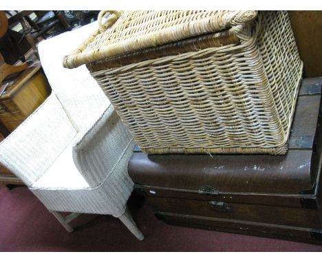 Wicker White Painted Chair, wicker carry basket, tin trunk. (3)