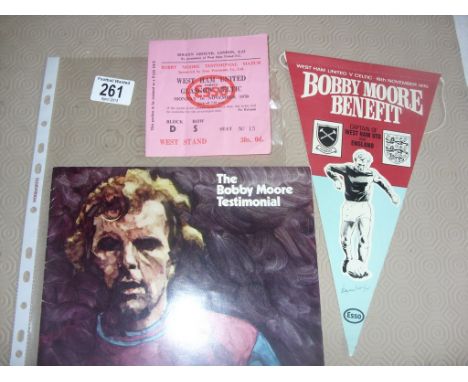 Bobby Moore West Ham Testimonial Memorabilia: Programme ticket and pennant for the match v Celtic in 1970. Unusually ticket h