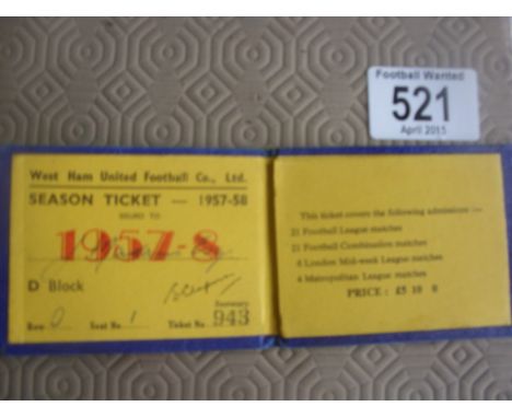 West Ham 57/58 Football Season Ticket: Rare item from arguably the clubs finest season when they won the 2nd division champio