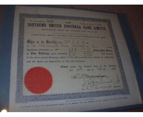 Southend United 1933 Share Certificate: Nice item framed with red Southend United Embossing on blue and white certificate whi