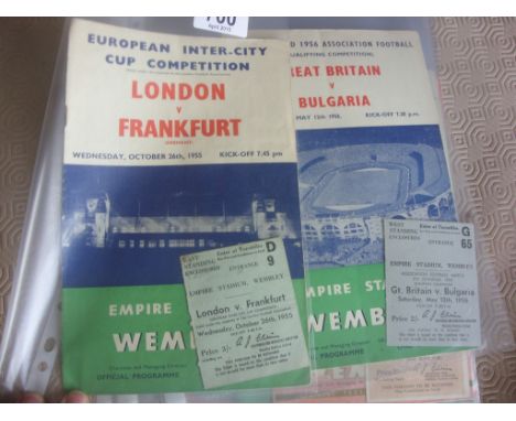 Wembley 1950s Football Programmes + Tickets: Includes 1955 London v Frankfurt, 1956 Great Britain v Bulgaria and 3 England v 