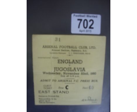 Ticket 1950 England v Yugoslavia At Arsenal: Hard to obtain press ticket for match dated 22 11 1950. Fold.