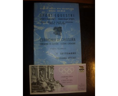 1960 Olympic Closing Ceremony Programme + Ticket: Excellent condition both dated 11/9/60 from the games in Italy. (2)