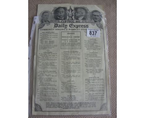 1932 FA Cup Final Football Song Sheet: Arsenal v Newcastle United Daily Express in good condition with very small tear.