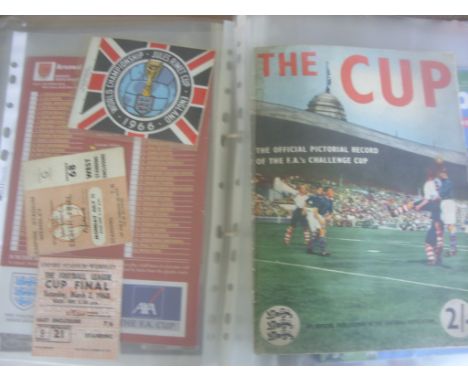 Football Memorabilia Folder: Includes 1966 ticket England v Uruguay + World Cup logo sticker, 1968 League Cup Final ticket, W