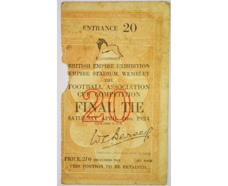 1924 FA Cup Final Ticket: Newcastle United v Aston Villa dated 26 4 1924 only the second Final at Wembley. Small piece missin