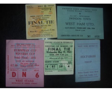 West Ham Football Tickets: Some nice ones here including 64 Swindon Away FA Cup and Final Ticket also. C/W 1965 ECWC Final, 1