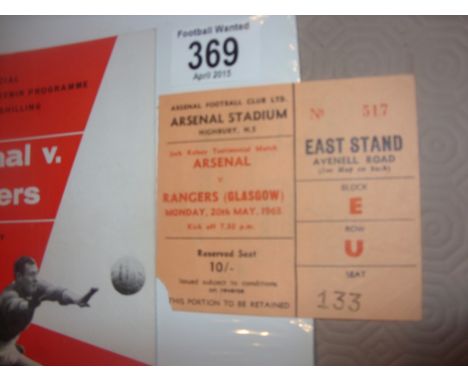 Jack Kelsey Arsenal v Rangers Testimonial Ticket: Hard to obtain ticket from his 1963 testimonial which has the tiniest piece