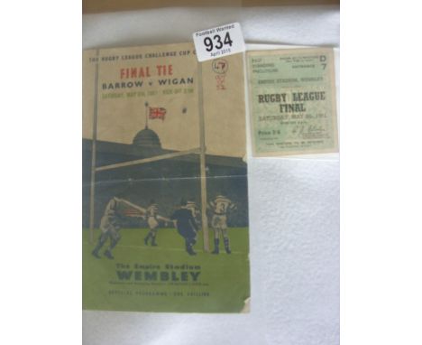 1951 Rugby League Cup Final Programme + Ticket: Barrow v Wigan has writing a fold and is fair whereas ticket is good. (2)