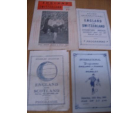 England 1940s Home Pirate Football Programmes: 1944 Scotland, 1945 France, 1946 Switzerland at Chelsea and Switzerland at Ars