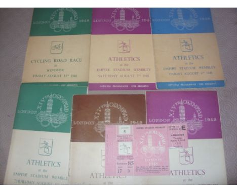1948 London Olympic Programmes: Dated 3/8 Athletics, 4/8 Athletics NOF, 5/8 Athletics with ticket, 6/8 Athletics, 7/8 Athleti