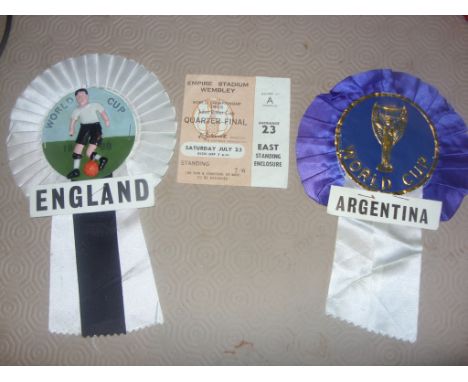 1966 World Cup England v Argentina Football Memorabilia: 2 lovely rosettes from both nations with World Cup mentioned on both