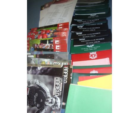 Liverpool Football Memorabilia Box: Home programmes include European plus team sheets for Premiership matches and many season