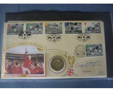 Geoff Hurst Signed First Day Cover: Nice Benham covers produced item in 1996. Has 5 stamps with £2 coin on this 30th Annivers