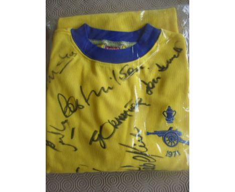 1971 Arsenal Double Winners Signed Shirt: Superb replica yellow shirt with blue trimming clearly signed to front in marker by