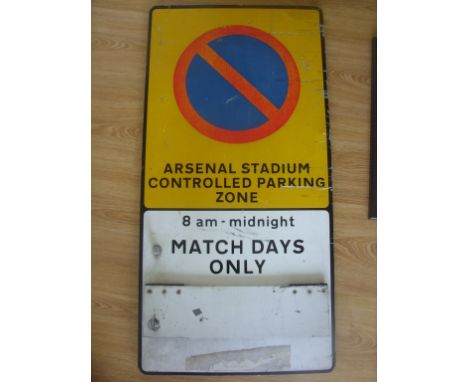 Large Metal Highbury Parking Sign; Would have been on display outside Arsenals Football Ground this heavy metal sign has hing