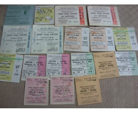 West Ham + England Football Ticket Collection: West Ham tickets include 1964 FA Cup Semi Final, 1965 ECWC Final, 64/65 LA Gan