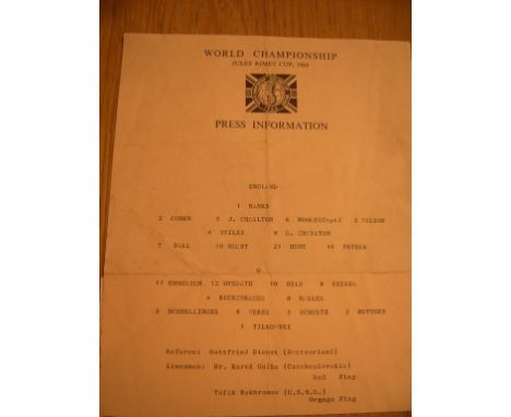 1966 World Cup Final Official Team Sheet: Superb salmon coloured sheet longer than A4 given to press only with World Cup logo