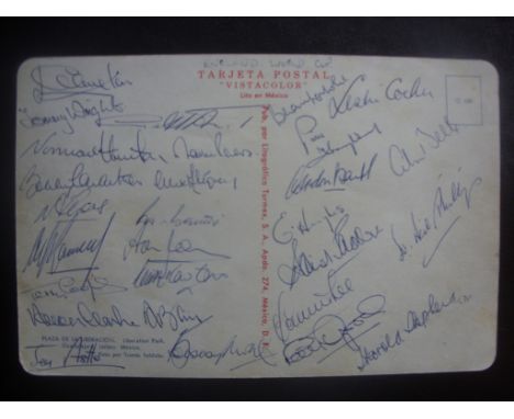 England 1970 World Cup Signed Postcard: Superb Guadalajara postcard signed during the World Cup in Mexico by 28 England playe