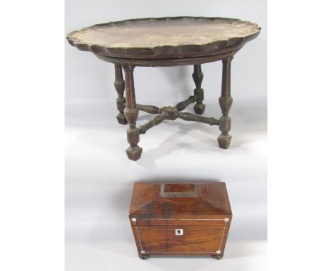 A 19th century rosewood sarcophagus tea caddy inlaid with mother of pearl and a mahogany lazy susan with scalloped tray top, 