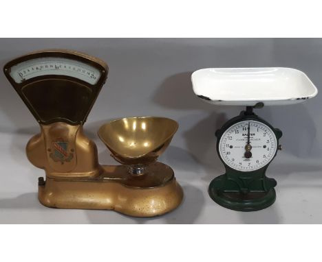 A vintage gold painted W &amp; T Avery shop scale to weight 2lbs together with a Salter Improved Family Scale number 50 (2) 