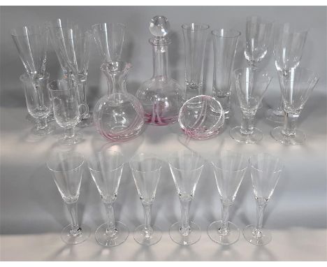 A Caithness pink decanter, carafe, bowl and a suite of 18 Dartington glasses comprising 12 flutes , 2 wine, and 2 larger glas