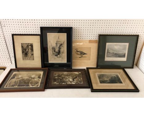 SEVEN FRAMED WORKS (local interest): Sydney Robert Jones (1881-1966) - 'Fleet Street/St. Pauls', etching, signed in pencil be