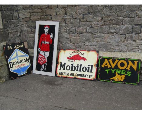 Automobilia interest - Four vintage style hand painted on white board signs of varying size advertising Hood Tire Dealer, Avo