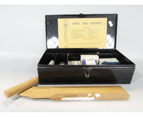 An Automobile Association First Aid Black Tin Box with the AA logo to the lid, complete with bandages etc and a wooden Duplex