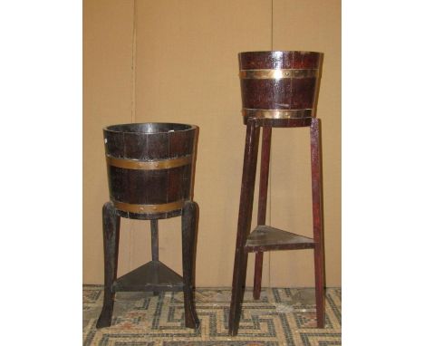 Two vintage R A Lister coopered oak and banded jardinières and combined stands (vary in size) 
