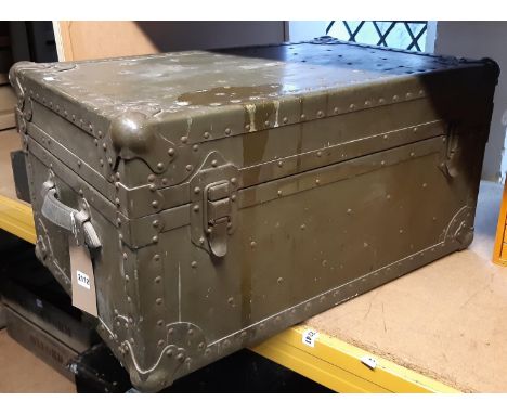 A vintage heavy gauge US Army signal corps trunk with stitched leather side carrying handles 75 cm wide x 48 cm deep x 38 cm 