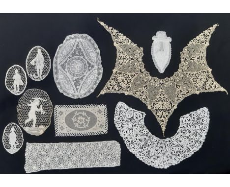 Collection of vintage lace including  4 figurative Italian gros point needle lace oval insets, depicting  male figures and Cu