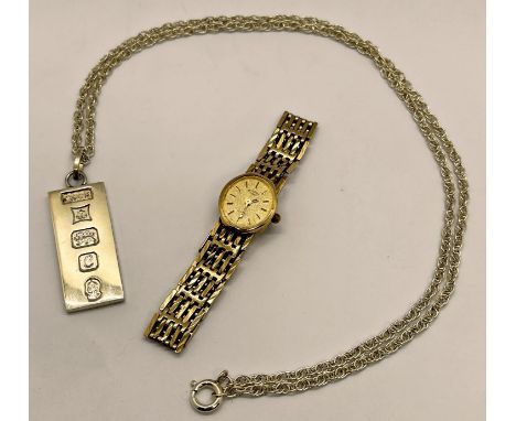 A ladies Rotary Quartz wristwatch with 9 carat gold casework and bracelet, 16g all in, together with a silver ingot pendant 