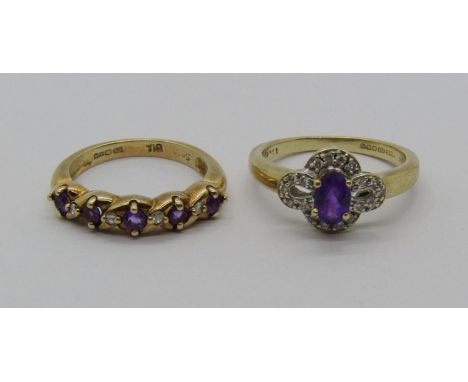 Two 9ct amethyst and diamond dress rings, 5.6g total 