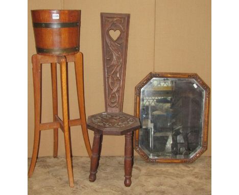 R A Lister &amp; Co Ltd coopered oak and brass banded jardinière and stand, together with a small oak floor standing open boo