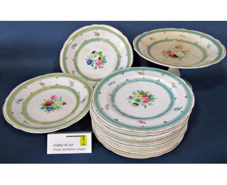 A collection of vintage china with green and gilt bands and floral decoration comprising a high comport, two low comports and