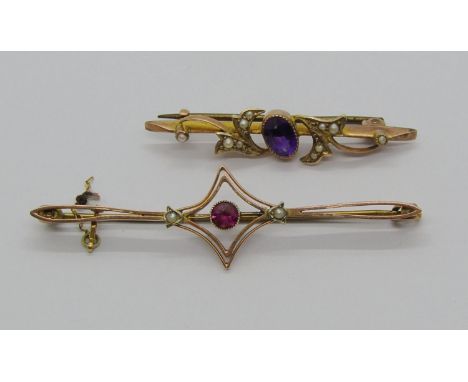 Two Edwardian 9ct brooches set with seed pearls; a ruby example and an amethyst example, 4.6g total 