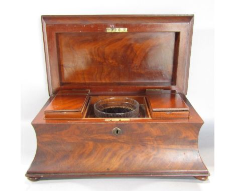 A 19th century mahogany sarcophagus tea caddy with original caddys  and a mixing bowl, 37cm w x 20cm h x 21cm d. 