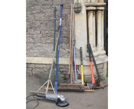 A small collection of good quality contemporary  mainly gardening  related hand tools, together with a Wickes disc grinder 