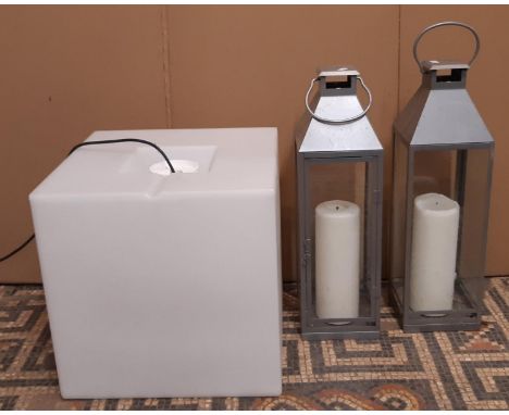 A pair of good quality contemporary candle lanterns together with a further contemporary cube shaped light box (3) 