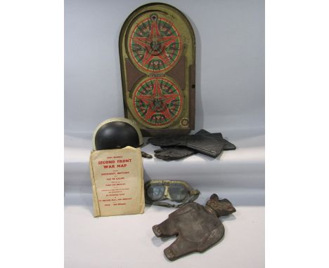 Lindstrom's gold star tin plate bagatelle board, a vintage motorcycle helmet, pair of vintage goggles, gauntlets, a Dunlop Ru