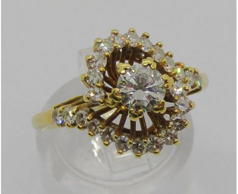 Impressive 18k vintage diamond cluster ring of stylised crossover design, centre stone 0.50cts approx, size O, 5.5g 